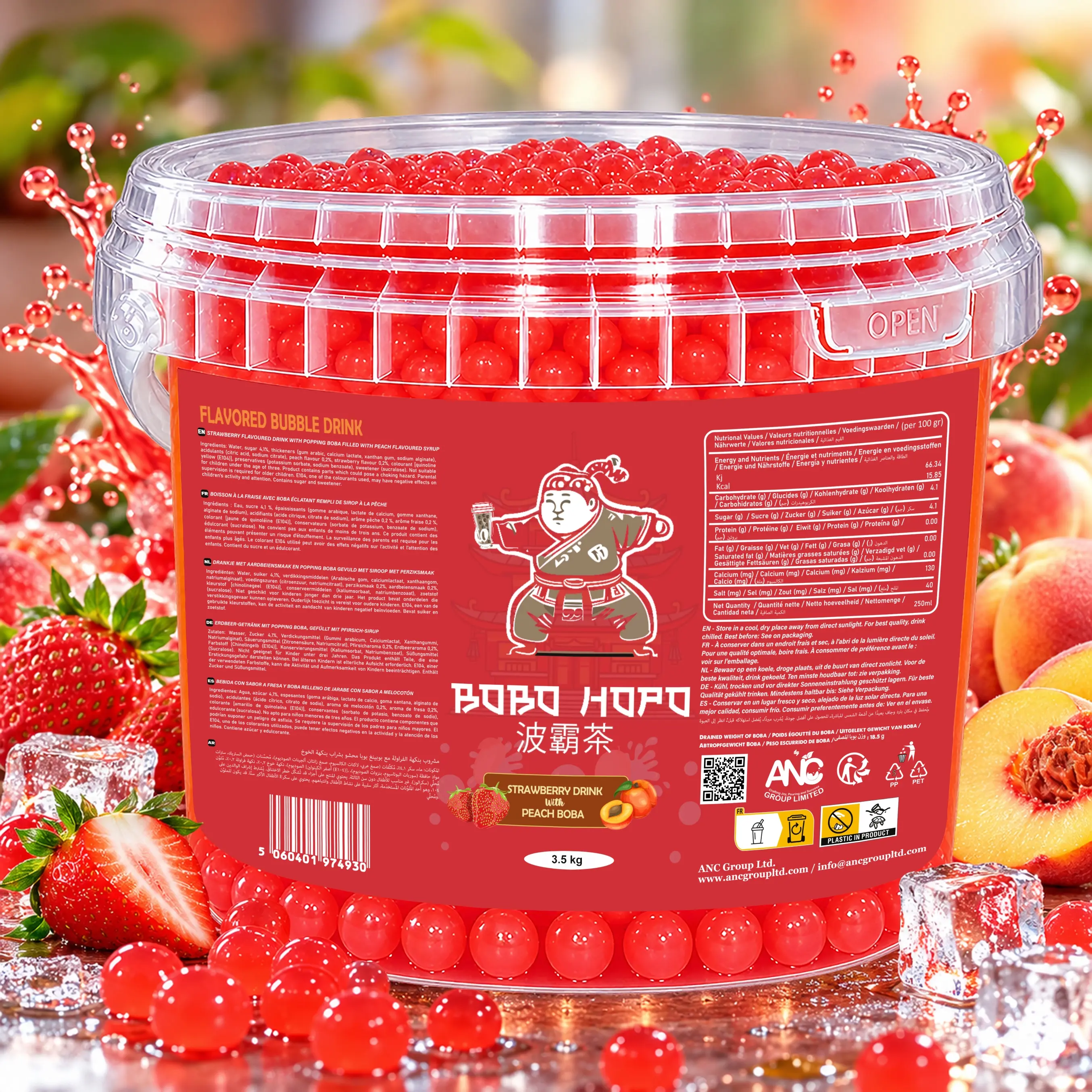 Bobo Hopo 3.5 kg strawberry drink flavoured bubbles with peach boba, surrounded by strawberries, peaches and ice cubes.